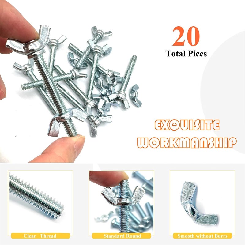 Matrelt 20 Pcs 1/4"-20 x2 Wing Screw Bolts and Wing Nut Kit Butterfly Screws and Nut with Hand Twist Tighten Wing Head Zinc Plated Hardware Fitting Fastenings Assortment Kit - Image 4
